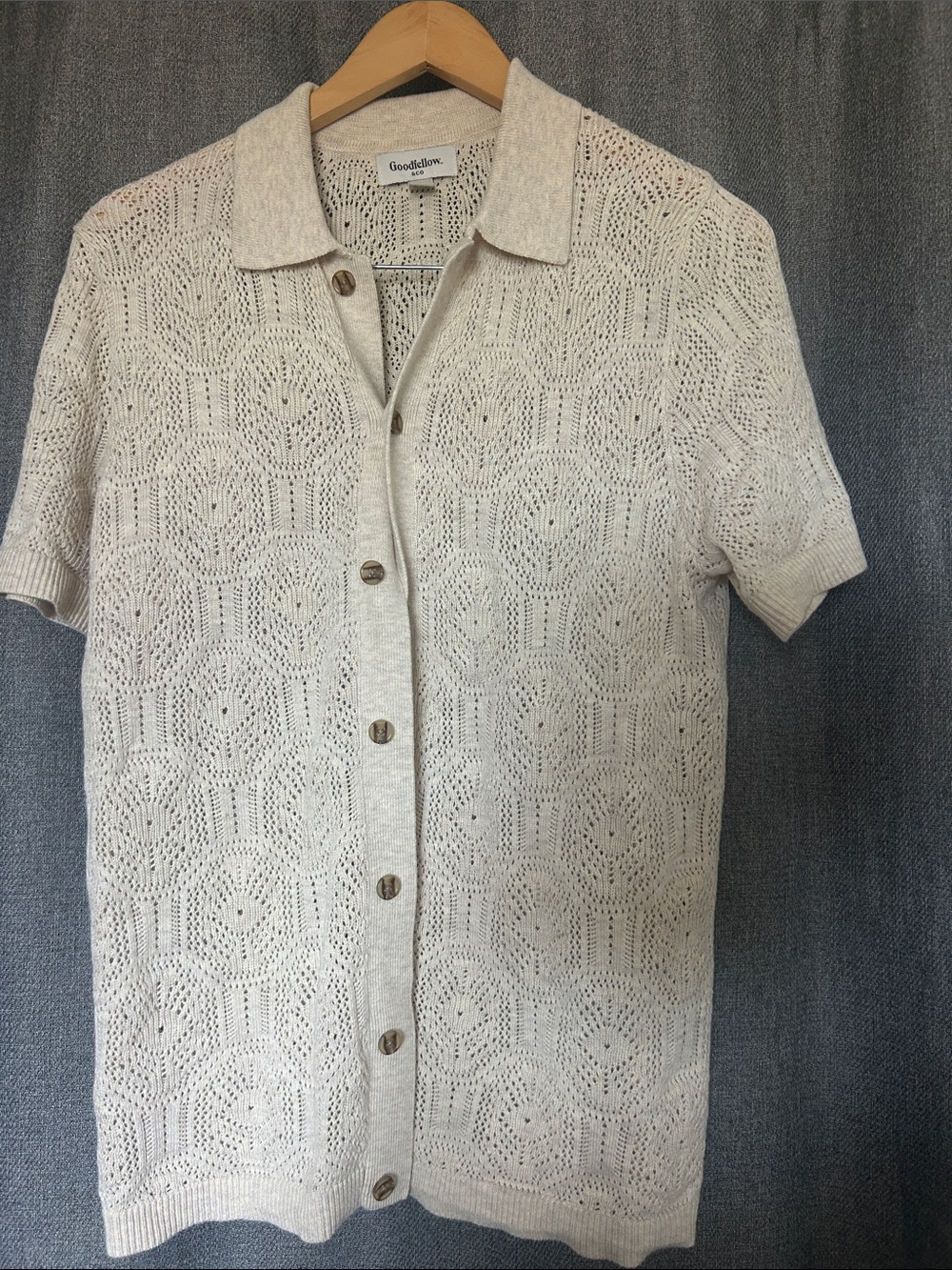 Cream Open-Knit Short-Sleeve Button-Down Shirt